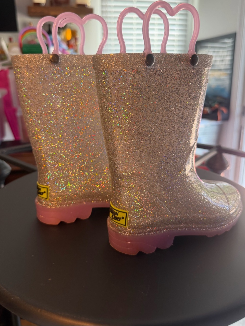 Sparkling Glitter Kids Rain Boots with Heart Handles and Purple Light UpBottoms